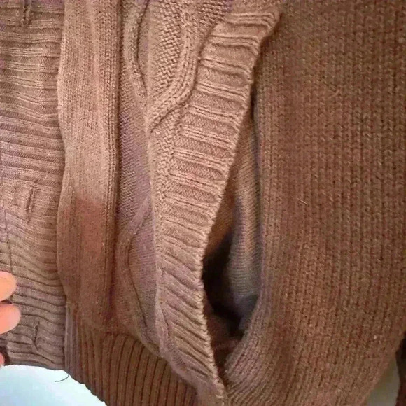 American Rag CEI Fleece Lined Cable Knit Brown Hooded Cardigan Zip Button close - Picture 5 of 15